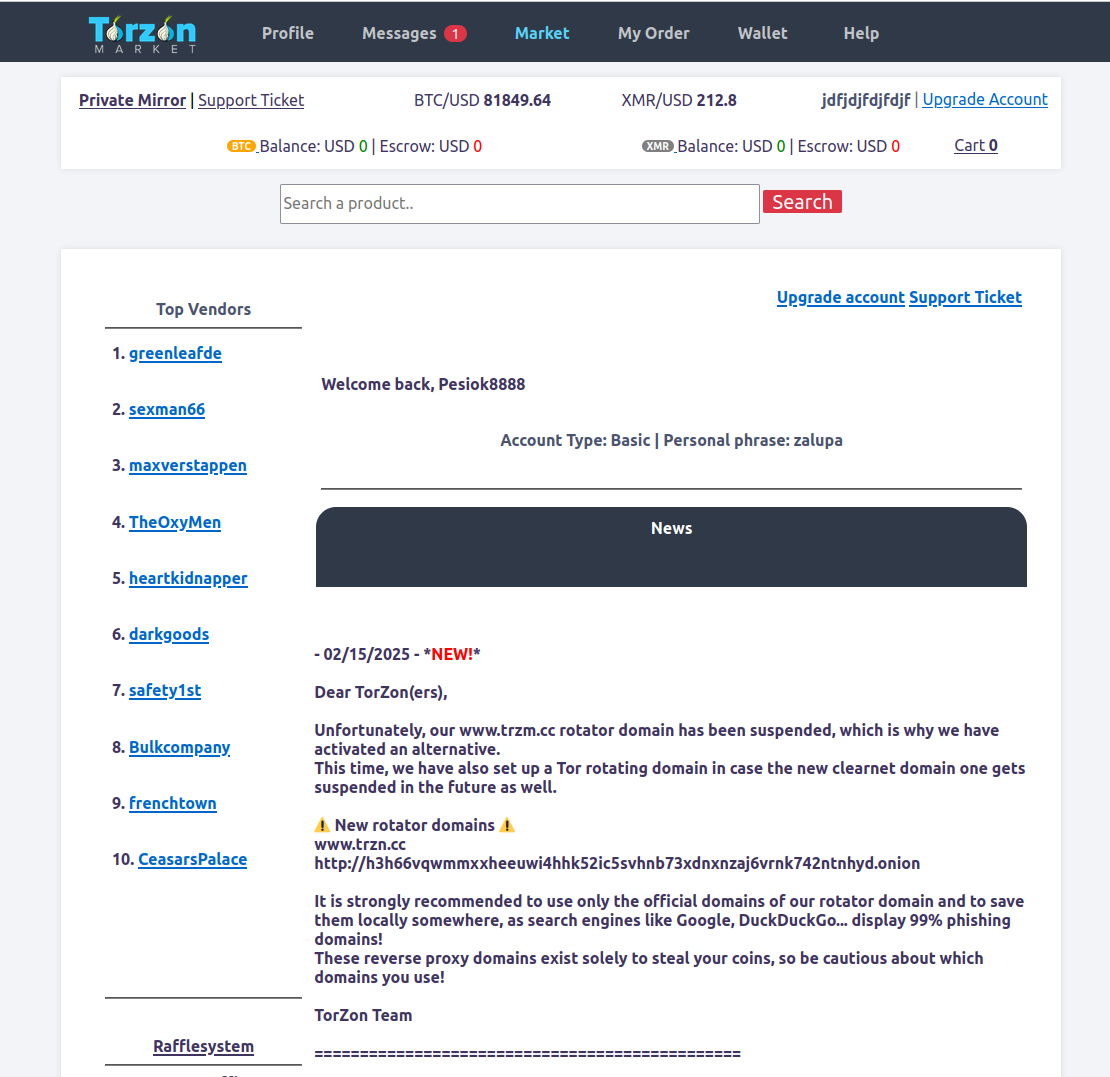 TorZon Homepage Interface